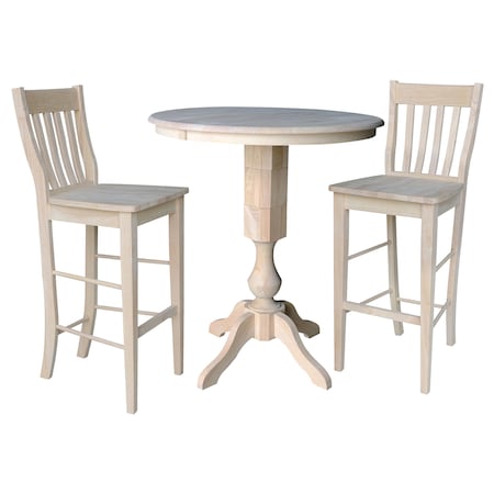 International Concepts Round 36 in Rd Extension Dining Table 40.9 inH, 2 Cafe Bar Ht Stools, Unfinished, 36 in W, 48 in L K-36RXT-11P-S6163-2